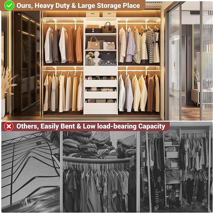 Aheaplus Closet System with 4 Drawers, 8FT Wood Closet Organizer System, 96’’ Closets Built In System Tower with Shelves, Walk-in Closets Wardrobe Clothes Garment Rack, Fits Spaces 4-9 ft, White