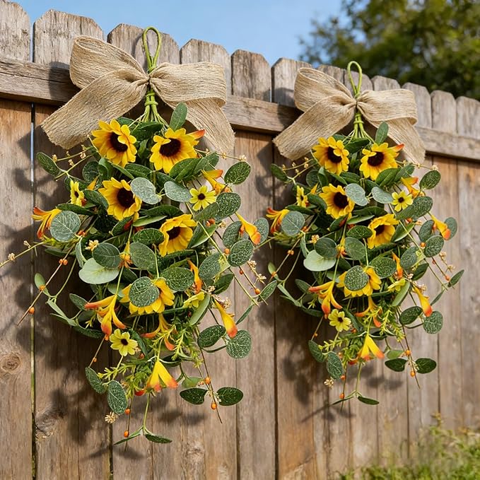 2 Pack 21'' Summer Sunflower Swag Wreaths for Cabinets Artificial Yellow Daisies Flower Teardrop Wreath with Orange Berry and White Sprigs Floral Wreath for Farmhouse Front Door Porch Window Wall