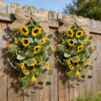 2 Pack 21'' Summer Sunflower Swag Wreaths for Cabinets Artificial Yellow Daisies Flower Teardrop Wreath with Orange Berry and White Sprigs Floral Wreath for Farmhouse Front Door Porch Window Wall