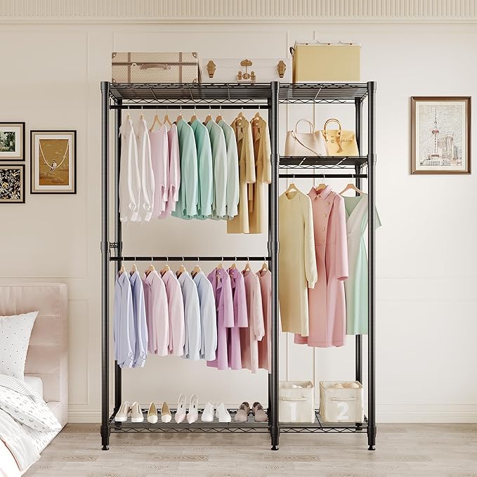 Heavy Duty Clothes Rack,Load 705LBS Garment Rack Portable Closet,Free Standing Closet Organizers and storage with Adjustable Shelves, Hanging Rods, Dividable Black 76.5"H x 41.6"L x 15.5"W