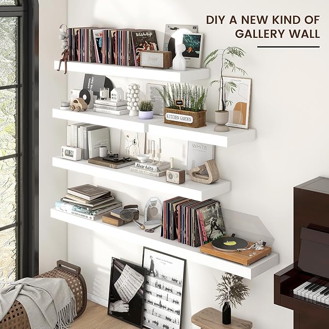 Venusmiles Floating Shelves for Wall, 72 Inch Wide x 12 Inch Deep Floating Shelves, Long Wood Floating Wall Shelf Shelves for Living Room Bathroom Bedroom Kitchen Home - (White, 72" W x 12" D x 2" H)