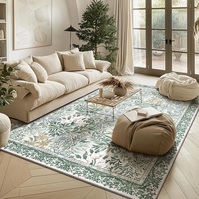 Botanical Floral Area Rug 5x7 Light Green Cream Vintage Garden Design, Perfect for Living Room, Bedroom, Kids Room, Nursery - Stain & Water Resistant Non-Slip, Pet & Child Friendly Area Rugs