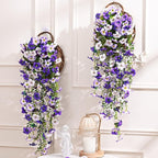 Waipfaru Artificial Petunias Flowers for Outdoors, 2 Pcs UV Resistant Fake Hanging Plants Spring Outside Decor, Faux Silk Flowers Long Trailing Vines for Outdoor Planters Porch Garden (Purple White)