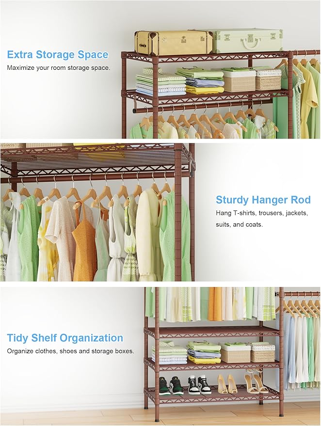 Ulif E11 Heavy-Duty Garment Rack, Metal Freestanding Clothes Rack and Closet Storage Organizer System with 8 Shelves and 4 Hanger Rods, (73.2-97.6)" W x 14.5" D x 71.2" H, Load 1034 LBS, Bronze