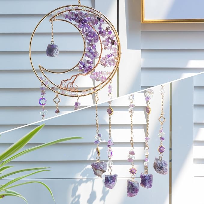 Dream Catchers Tree of Life Dream Catcher Amethyst Crystal Dreamcatcher Wall Decor with Healing Crystal Stone & Fluorite Wall Art Hanging for Bedroom Home Decor Bless Gift Wedding Garden-Purple