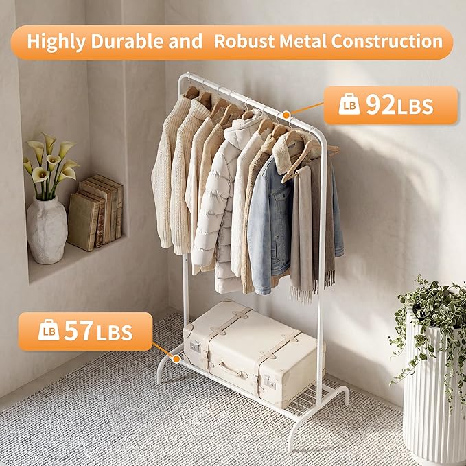 White Clothing Rack, Modern 45" Height Garment Rack for Small Spaces, Stable Standing Clothes Organizer with Bottom Shelf, Portable Rack for Dorm, Apartment & Studio, 92LBS Max Capacity