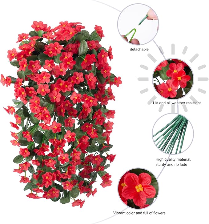 HyeFlora Artificial Fake Hanging Plants Flowers for Outdoor Outside Spring Decoration, 2 PCS Faux Silk Daisy Red Orchid Vines UV Resistant Realistic for Home Indoor Porch Patio Balcony