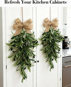2 PCS Artificial Olive Teardrop Swag 23.6 Inch Large Faux Greenery Olive Branch Swag with UV Resistant Coating, Burlap Bow for Front Door Kitchen Cabinet Wall Lush Farmhouse All Seasons Decor