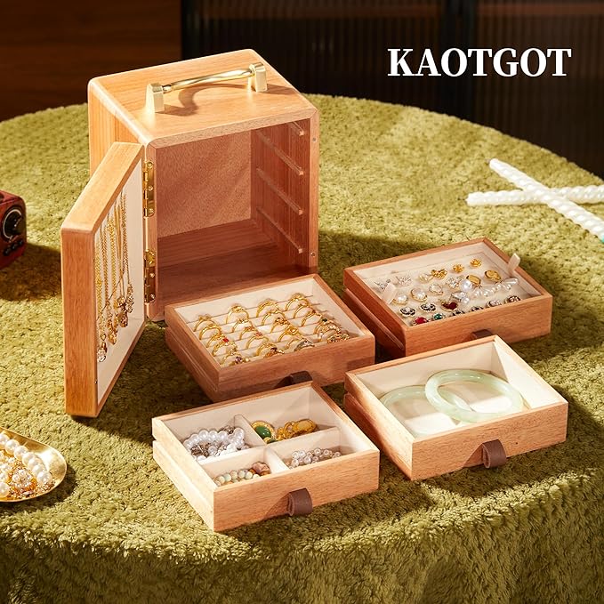 Wooden Jewelry Box for Women 4 Tier Walnut Wooden Jewelry Box with handle (Butterfly Prints A)