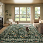 Vintage Botanical Dark Green Area Rug 9x12 Elegant Floral Pattern, Durable Stain-Resistant Fabric, Perfect for Living Room, Bedroom, Dining Room Decor