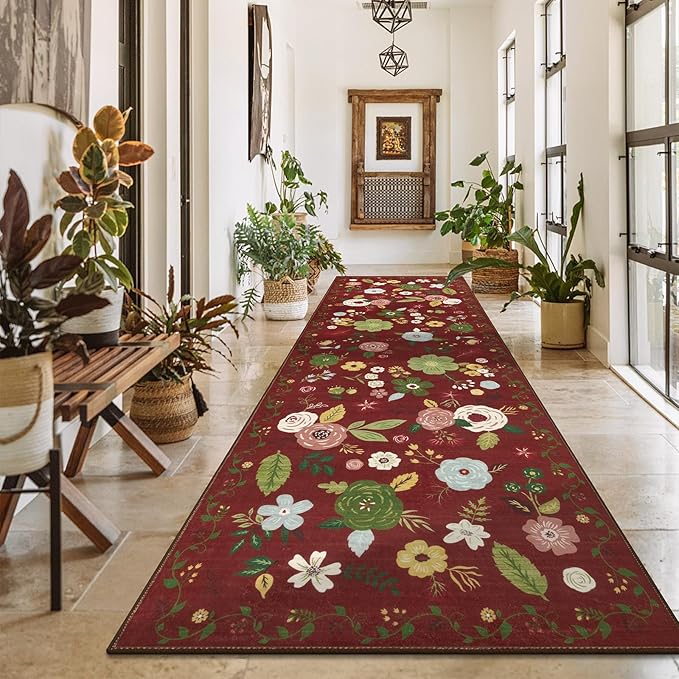 U'Artlines Red Christmas Runner Rug for Hallways,2'6" x 8'Colorful Floral Carpet Soft Non Slip Washable Floor Carpet Runners for Entryway Laundry Room Bathroom (Red)