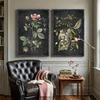 Large Framed Vintage Botanical Wall Art Set of 2, Rustic Retro Dark Floral Canvas Paintings Prints, Antique Flower Pictures for Farmhouse Living Room Hallway Bedroom Dining Room Wall Decor, 24x36 Inch