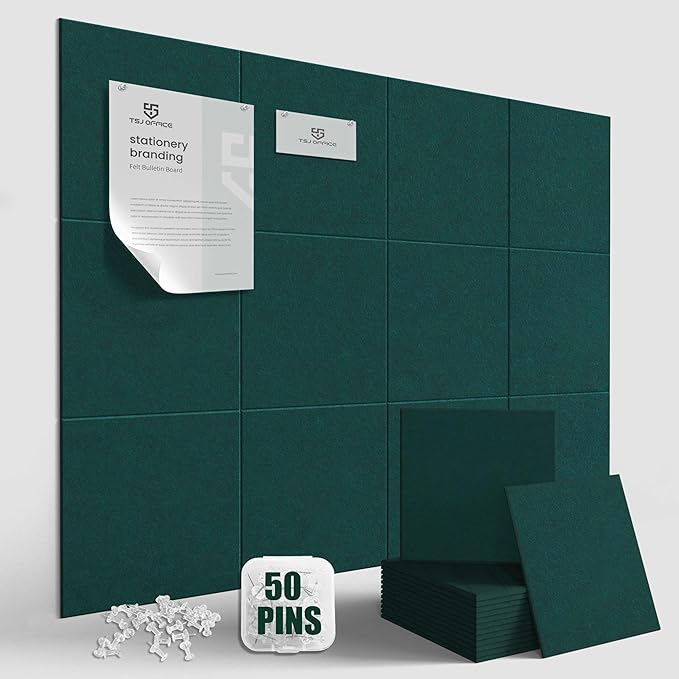 TSJOFFICE Large Cork Board for Wall - 48" x 36" Bulletin Board with 50 Pushpins for Office Decor, Pin Board 12 Pack Felt Wall Tiles with Safe Removable Adhesive Tabs, Corkboard for Home - Dark Green