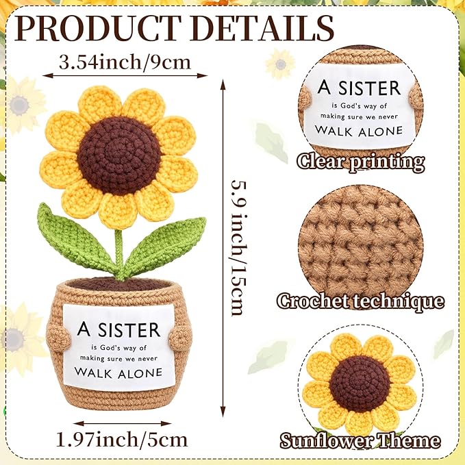 Wavwavw Sister Gifts Handmade Crochet Doll with Card Crochet Present for Sisters Sis Big Little Sister Birthday Wedding Home Decor(Helianthus)