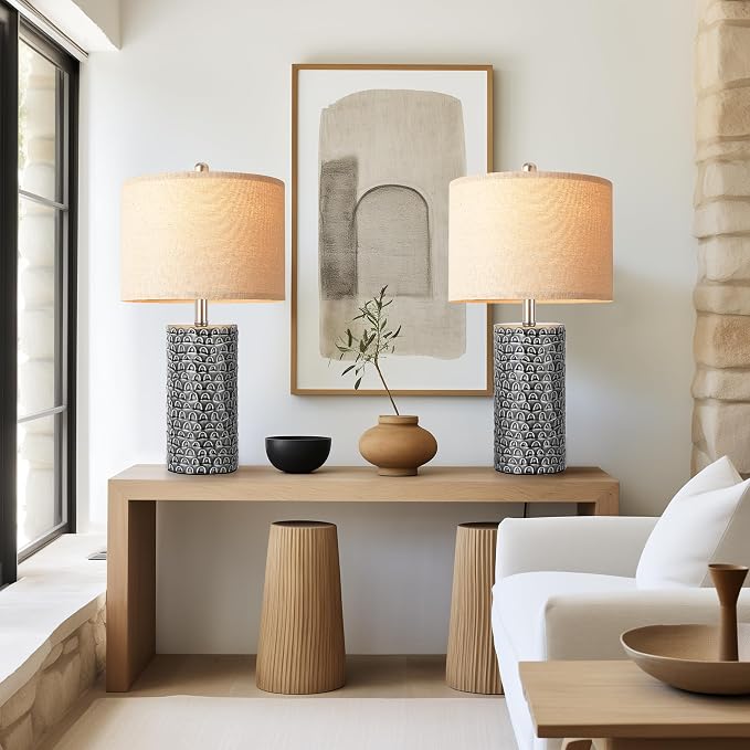 PARTPHONER 23" Modern Ceramic Table Lamp Set of 2, Table Lamps for Living Room, Rustic Farmhouse Bedside Lamps Nightstand lamp for Bedroom, Desk Lamp for End Table Home Decor Black