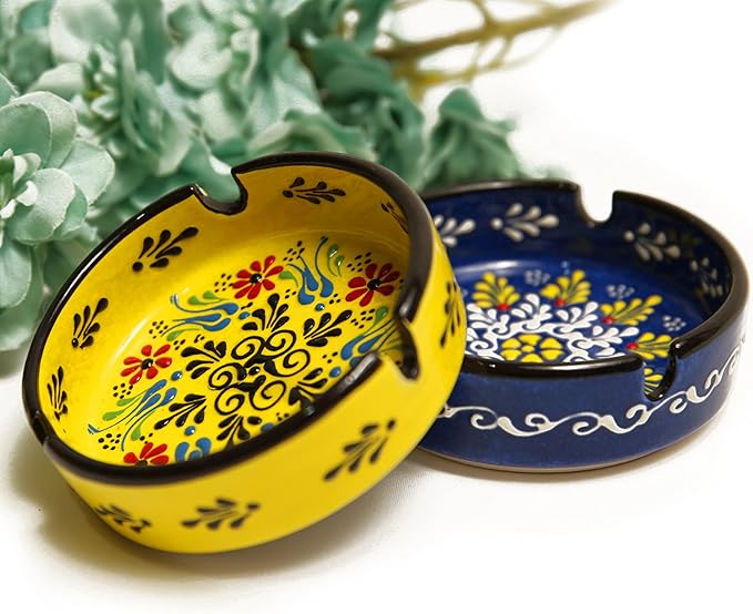 Ashtray Set Cigarette Ash Tray for Indoor Outdoor Use Ash Holder for Smokers Desktop Smoking Ash Tray - Home Office Decoration Hand-Paint Ceramic Cigar Ashtrays (2 pcs Large - Yellow and Blue)