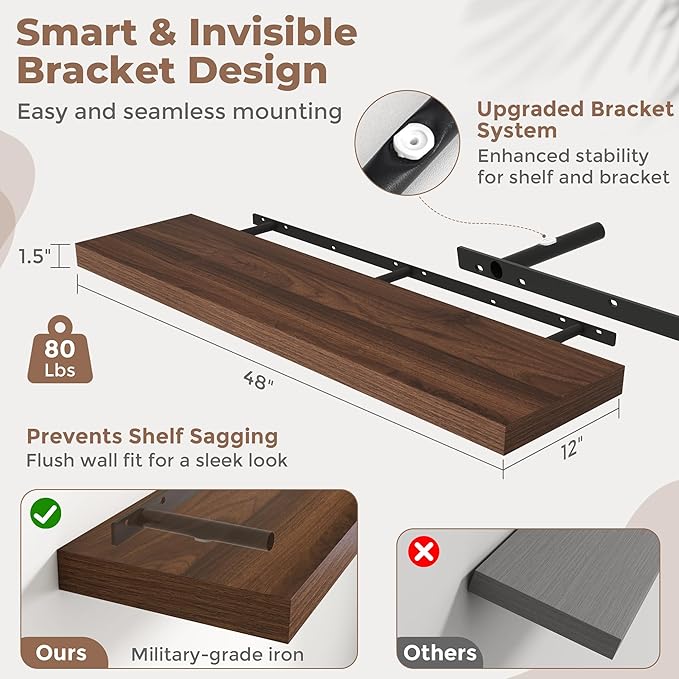 48 Inch Long Floating Shelves for Wall Set of 2, 12"D Wood Grain Bathroom Shelves with Invisible Brackets, Easy Install Engineered Wood Storage Shelves for Kitchen, Living Room, Bedroom, Walnut Finish
