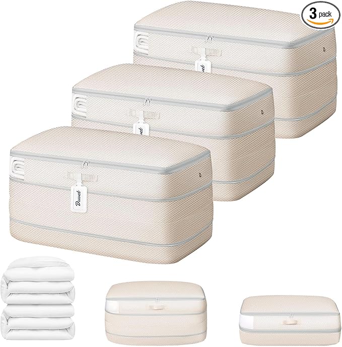 DIMJ Comforter Storage Bag - 100L Large Capacity Blanket Storage Compression Bags, Washable Space Saving Self Compression Organizer with Window Handles, Space Saver for Clothes, Bedding, Sheet