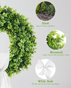 Vlorart 25" Faux Round Boxwood Wreath, Artificial Boxwood Wreath Front Door Wreaths Artificial Spring Summer Greenery Hanging with sash for Front Door Wall Hanging Window Wedding Decor
