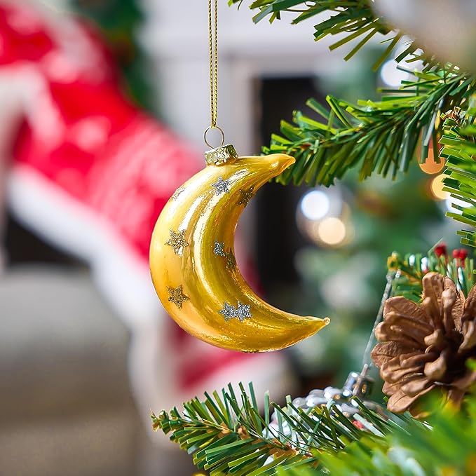 Joiedomi Christmas Moon Ornaments, Glitter Blown Glass Moon Decorations for Tree Hanging Ornament Outdoor Christmas Decorations Indoor