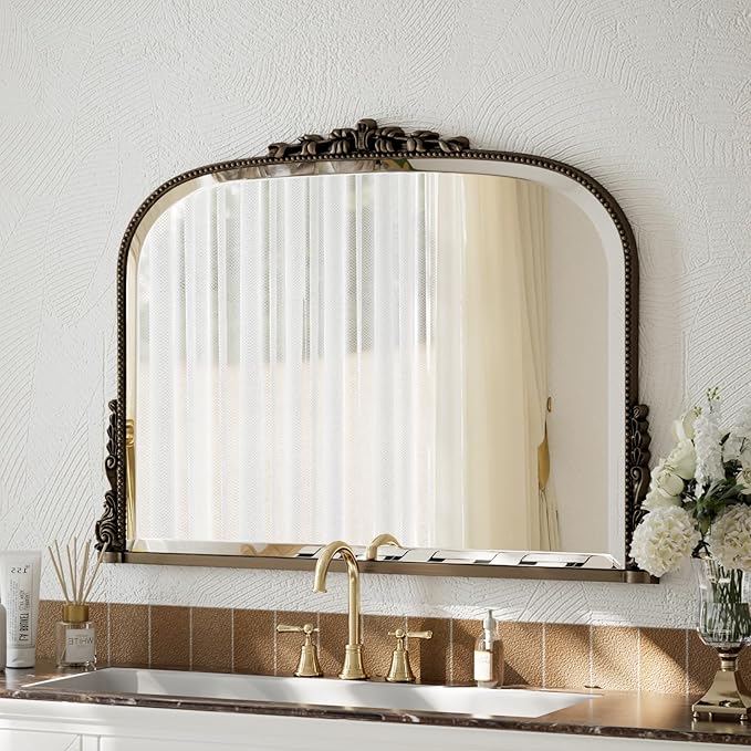 Wall Beaded Mirror, 36 x 27 Inch Round Top Right Angle Wall Mirror, Tempered Glass, Rust Resistant, Horizontally or Vertically Hanging, Bronze