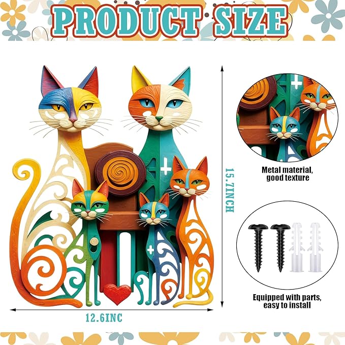 Wesiti Cat Wall Art Decor Iron Wall Sculptures Decor for Cats Lover 12.6 x 15.7 Inches Colorful Mid Century Cat Retro Signs for Home Living Room Bedroom Kitchen Office(Refined)