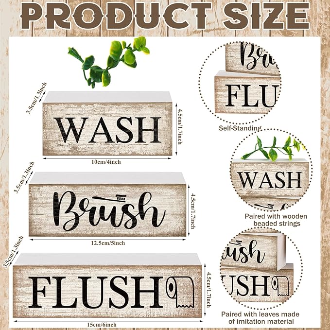 Moucuny 4 Pcs Farmhouse Bathroom Decor and Accessories Rustic Bathroom Shelf Decor Sign Set "wash/brush/flush" Farmhouse Eucalyptus Leaves Wood Block Signs for Toilet Vanity Countertop Home Decoration