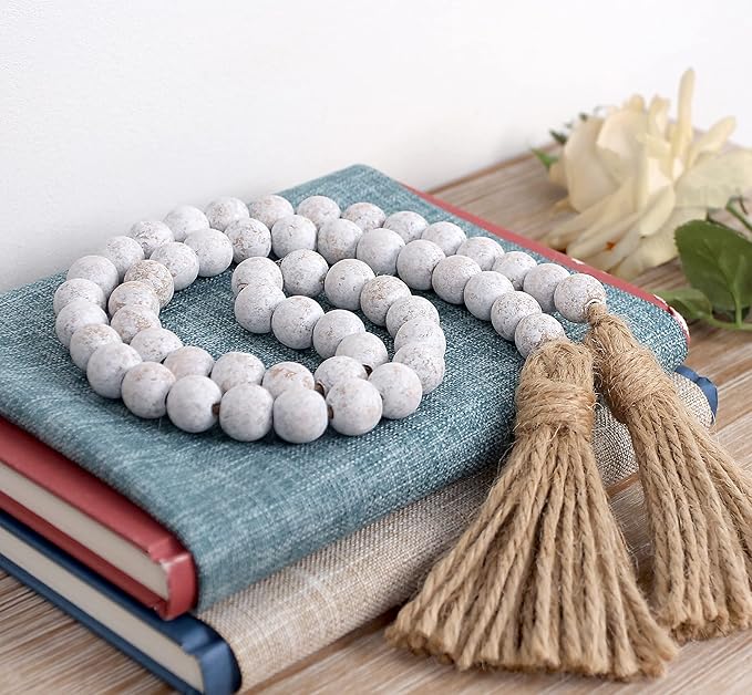 Wood Bead Garland Farmhouse Beads with Tassels,Farmhouse Tassel Garland Country Wall Hanging Decor Prayer Beads(39 inches)
