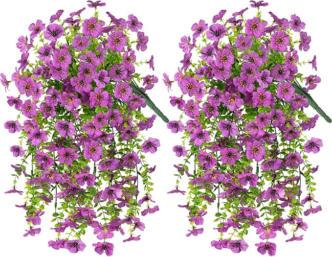 INQCMY 2Pcs Artificial Fake Hanging Flowers for Outdoors UV Resistant Artificial Plants for Spring Summer Decor Look Real Faux Flowers for Outside Home Planter Porch Patio Decor
