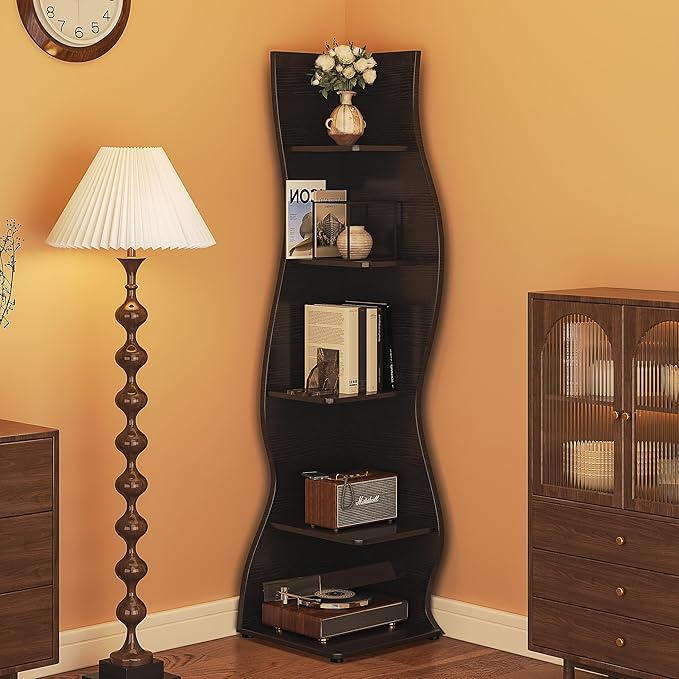 VECELO Wavy Corner Shelf, Decorative 6-Tier Corner Display Bookshelf, Tall Storage Organizer for Small Spaces, Living Room or Bedroom, Black