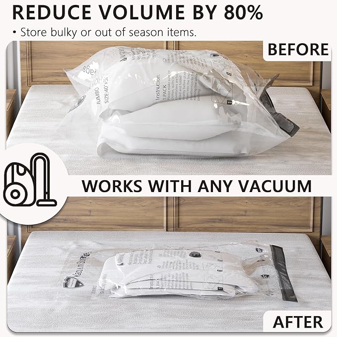 Vacuum Storage Bags, Compression Packing Space Saver Seal Bags for Clothing Bedding Comforters Blankets Pillows, 8 X-Jumbo