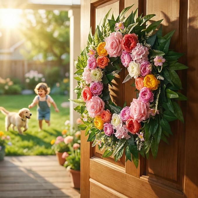 Yastouay Summer Wreaths for Front Door, 24 Inch Large Summer Wreath with Realistic Rose Peony, Full Floral Wreaths for Front Door Porch Farmhouse Patio Wall Decor All Season