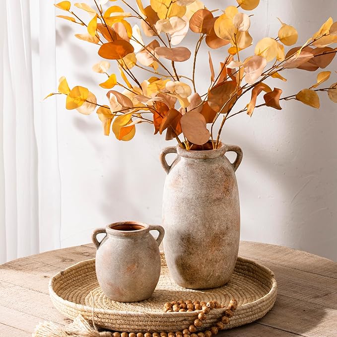 Ceramic Flower Small Vase 6 inch Farmhouse Rustic Vase Decorative Pottery Terracotta Vases for Home Decor Table Mantle Fireplace Living Room Bathroom Wedding Centerpiece