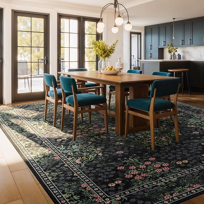 Lessymo Floral Extra Large Area Rug 10x14 for Living Room, Machine Washable Carpet for Bedroom, Soft Low Pile Non-Slip Rug for Dining Room Under Table, Boho Floral Design, Black Green