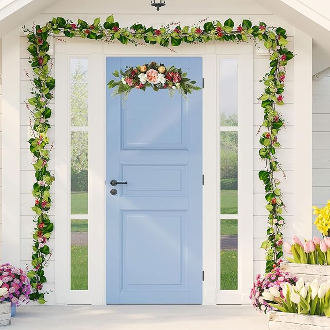 29 Inch Artificial Rose Flower Swag, Colorful Decorative Swags with Green Leaves Rose Hydrangeas Eucalyptus Leaves for Home Garden Lintel Wedding Arch Party Decor(Multicolor)