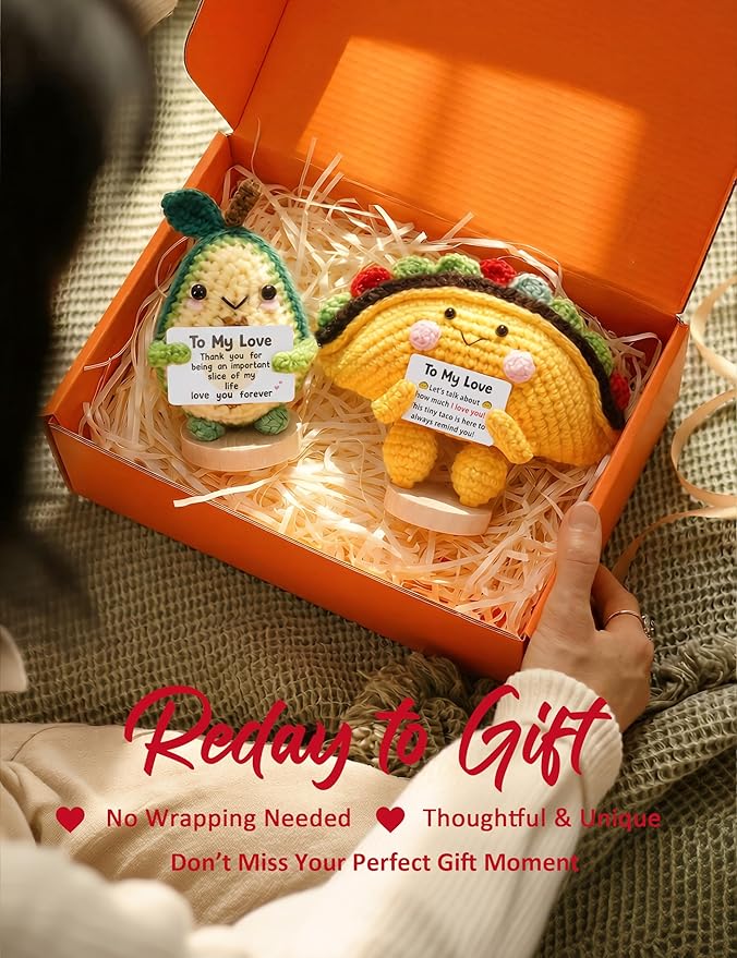 Gifts for Him Her Boyfriend Girlfriend, 2Pcs Handmade Crochet Taco and Avocado to My Love, Anniversary Birthday Gifts for Women Men, I Love You Emotional Support Doll Romantic Gift for Wife Husband