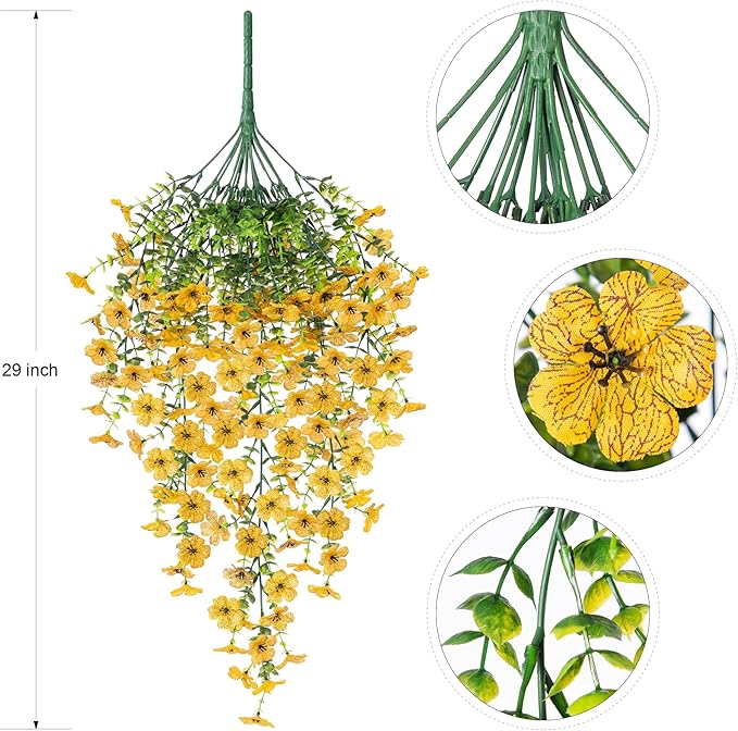 Artificial Hanging Flowers for Outdoors Faux Plants Decoration, 2 Packs Fake Silk Daisy Flower Realistic Outdoor Flowers UV Resistant Porch Patio Window Yard Outside Decor(Yellow)