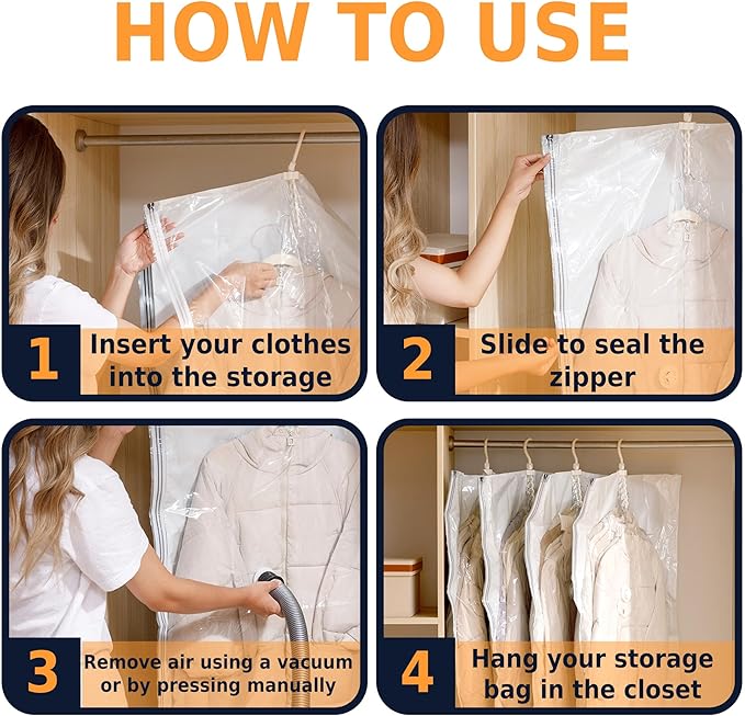 Hanging Vacuum Storage Bags for Clothes, Vacuum Seal Bags for Clothes with 5 Rings Each, Waterproof Compression Bags for Coats, Suits & Jackets, Space Saver Organizer, 4 Pack (41 x 27 in & 53 x 27 in)