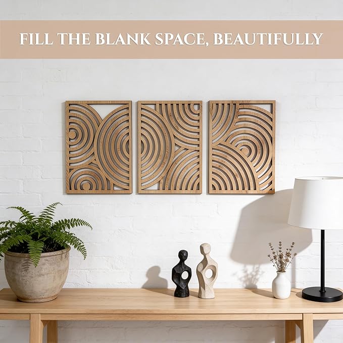 qmmp Modern Wooden Wall Sculptures - Set of 3 - Home Decor Accent - Large Wall Art for Living Room, Bedroom, Office - Easy Installation (Oak, Medium - Orbit)