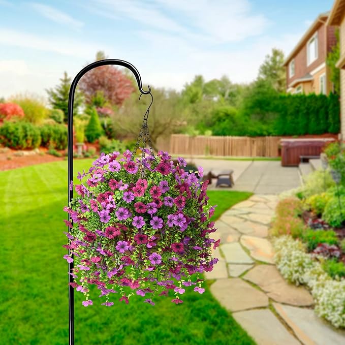 Artificial Hanging Flowers for Outdoors Spring Decoration, 2PCS Silk Fake Daisy Realistic Outdoor Flowers UV Resistant Porch Patio Window Yard Decor(Light Purple Red)
