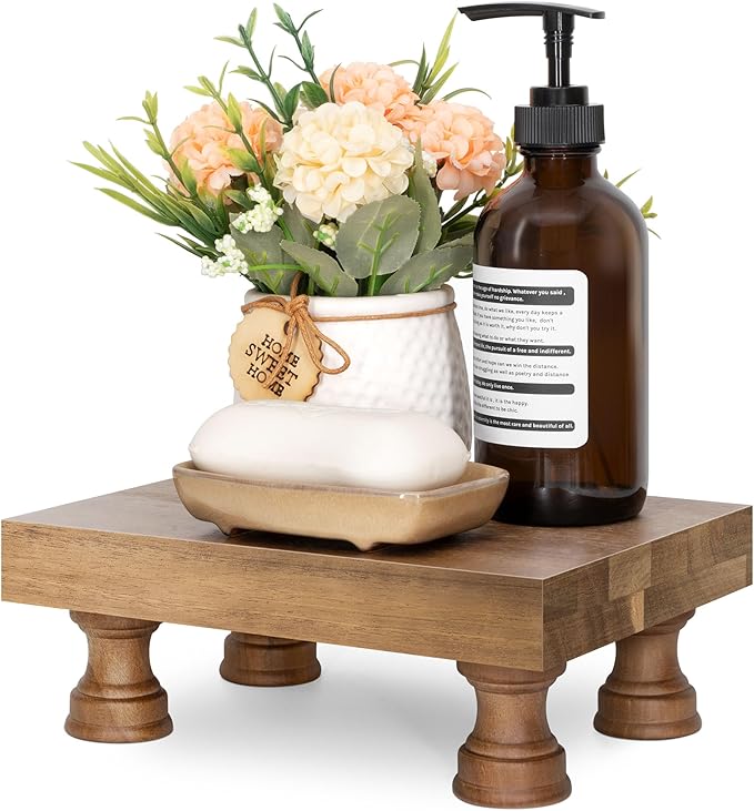 EOSAHR Farmhouse Wooden Riser for Display : Decorative Pedestal Stand for Kitchen Decor and Perfume Tray for Bathroom Counter Organizer - The Home Decor for Apartment Essentials (Acacia Wood)