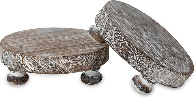 Romadedi Farmhouse Wood Riser for Display - Set of 2 Rustic Decor Mini Wooden Pedestal Stand Decorative Round Tray for Home Table Bathroom Counter Shelf Kitchen, Whitewashed