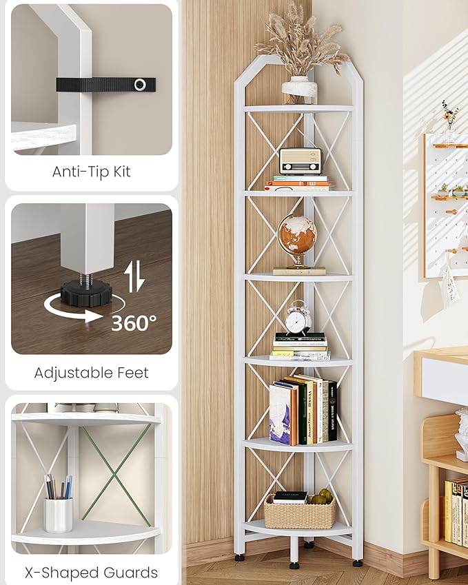 CHOEZON 6-Tier Industrial Corner Shelf, 71.2" Corner Storage Stand, Plant Stand Display Shelf, Corner Bookcase for Bedroom, Living Room, Home Office, White TCJ11WB