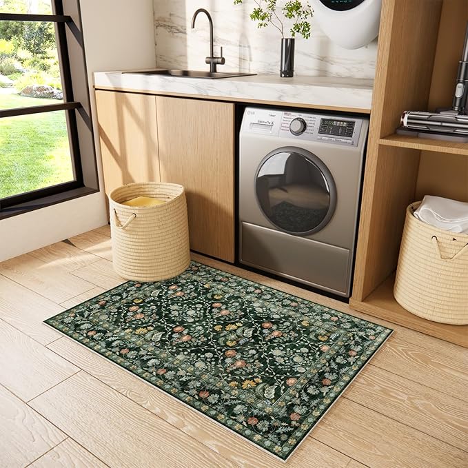 Vintage Botanical Dark Green Entryway Rug, 2x3 Kitchen Rugs Non Slip Washable Boho Green Forest Design, Soft Door Mat Indoor Entrance, Ultra-Thin Easy Clean Small Throw Carpet for Bedroom Bathroom