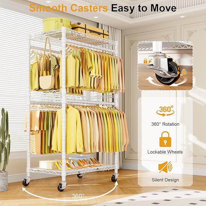 P4 Rolling Clothes Rack Heavy Duty, Clothing Racks for Hanging Clothes, Freestanding Garment Racks with Wheels, Metal Portable Closet Rack 35.5''W × 20.5''D × 80.5''H, Max Load 560Lbs, White