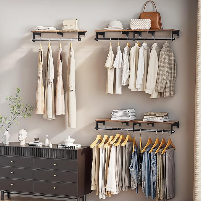 Luxspire Clothes Rack 28.7inch, Wall Mounted Garment Racks with Top Shelf for Hanging Clothes, Heavy Duty Industrial Pipe Garment Rack, Laundry Room Shelves Closet Storage, Black + Brown