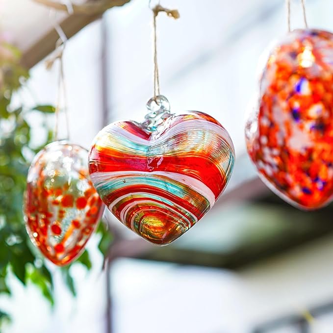 4inch Hand Blown Glass Red Heart Ornaments Hanging Friendship Hearts for Patio Garden Outdoor Decor Unique Gift Valentine's Day Decorations for Lover
