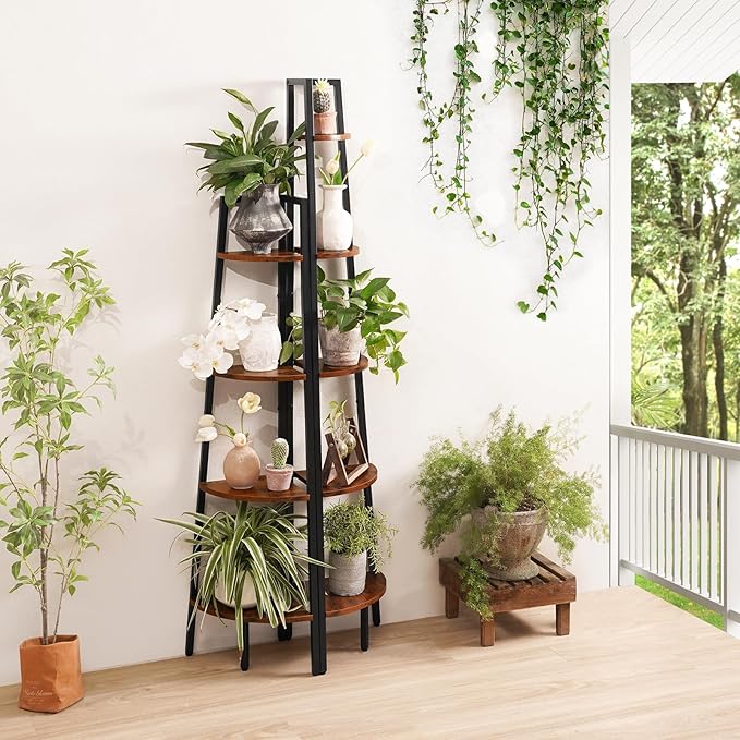 Yoobure Corner Shelf, 5-Tier Corner Bookshelf with Metal Frame & Wood Ladder Shelves - Display Shelf & Tall Bookcase, Plant Stand for Home Decor - Bedroom, Living Room, Office
