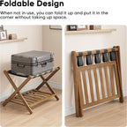 Smuxee Fully Assembled Black Walnut Luggage Rack, Upgraded Bamboo Foldable Suitcase Stand with 5 Nylon Straps, Luggage Holder with Shelf for Guest Room Bedroom Hotel