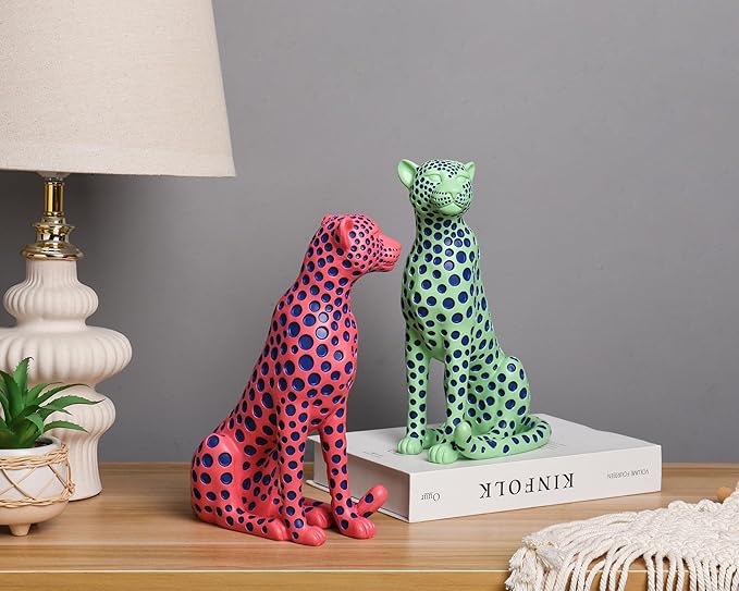 Quoowiit Statues for Home Decor, Modern Sculptures and Statues Decorations for Living Room, Bedroom, Table, Bookshelf, White Resin Leopard Art Decorative Sculpture with Black Polka Dots Design
